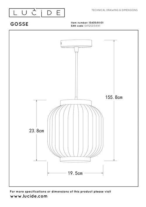Lucide GOSSE - Pendelleuchten - Ø 19,5 cm - 1xE27 - Weiß - technisch